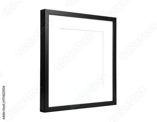A simple, empty, square black frame with white matting, set against a dark background