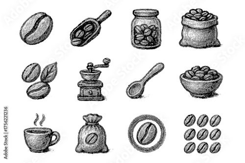 Hand drawn coffee elements: beans, grinder, cup, and scoop in vintage style