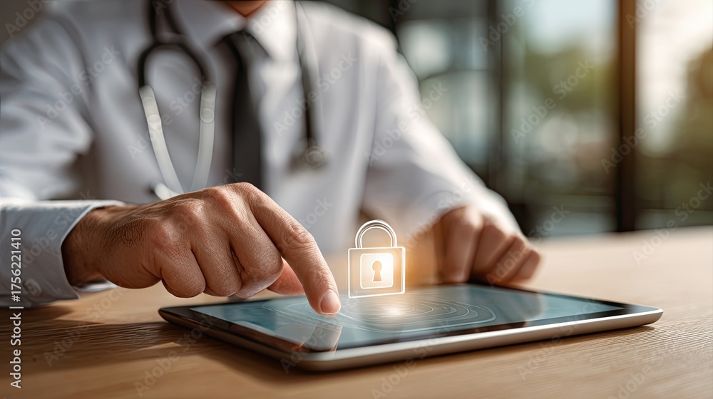 Fototapeta premium Secure digital health management doctor's interaction with technology in a modern clinic setting