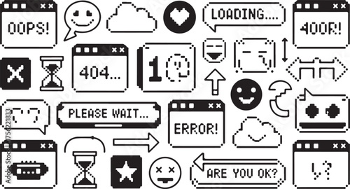 Pixel Art Retro Interface Elements and Icons Vector Set  pixel art, retro, 8-bit, interface, UI, UX, loading bar, error, 404, emoticon, icon set, tech, vintage, vector, game