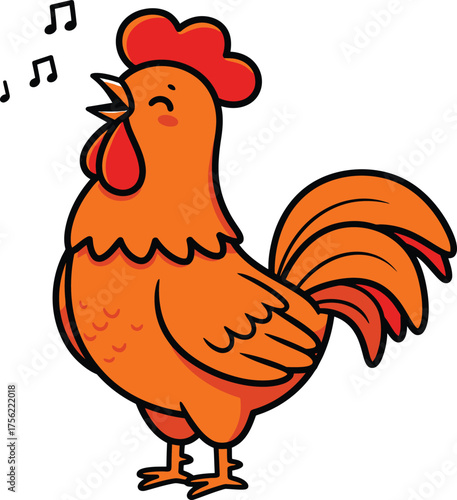 Cartoon Rooster Crowing with Musical Notes on White Background chicken bird