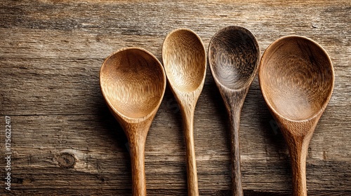 Four Wooden Spoon Utensils on Rustic Wooden Surface in Natural Light