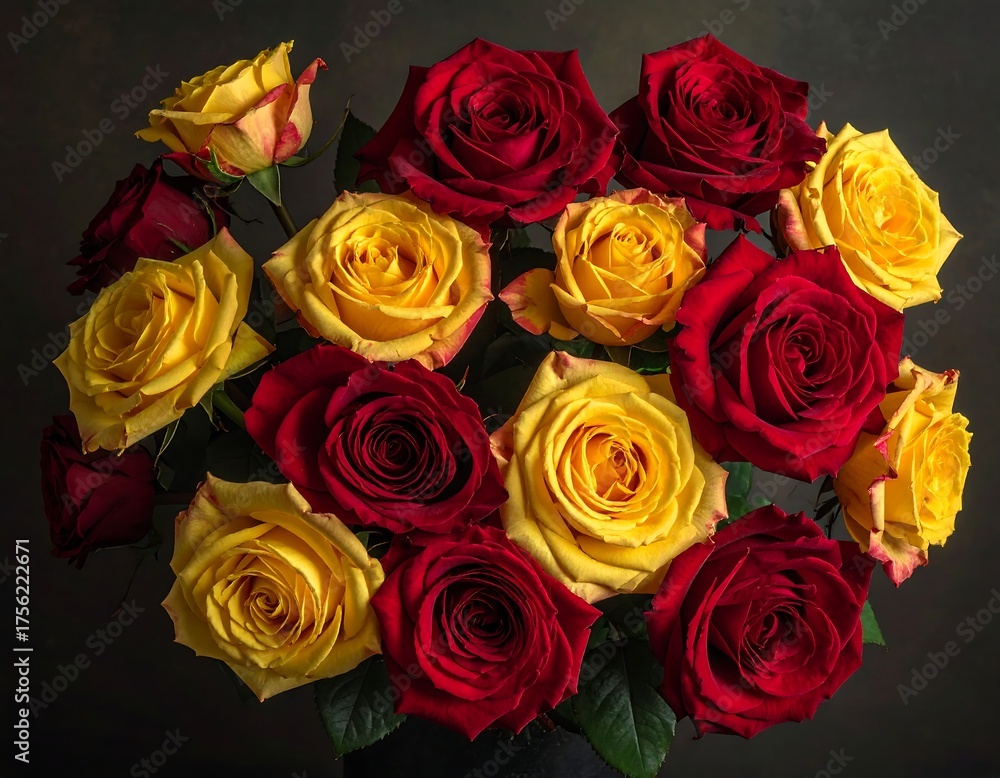 Obraz premium Bouquet of vibrant yellow and red roses in a dark setting