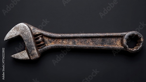 Rusty Wrench on Black Surface in Closeup