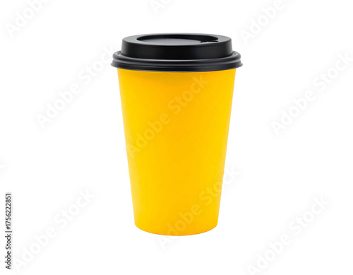 A tall, bright yellow insulated takeaway coffee cup with a black lid, isolated on black