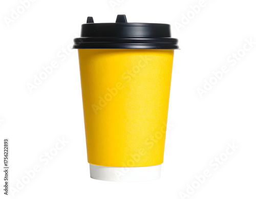 A single yellow disposable coffee cup, black lid, isolated on black background