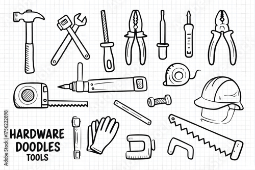 Handdrawn hardware tools illustration featuring a hammer wrenches pliers screwdrivers tape measure saw hard hat gloves and other equipment for construction and home improvement projects