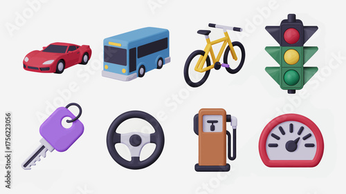 3d rendering of transportation icons featuring a car bus bicycle traffic light key steering wheel gas pump and speedometer against a for use in graphic design projects