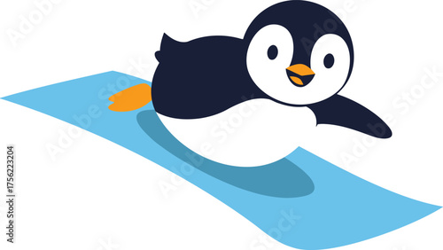 Cute Cartoon Penguin Sliding On Blue Surface On White Background Keywords: penguin, cartoon, cute, animal, bird, arctic, antarctic