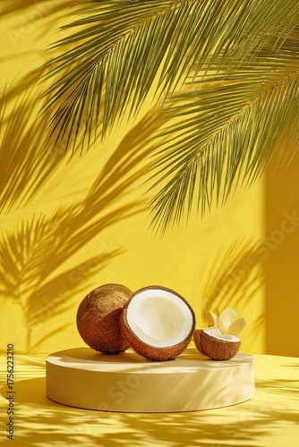 Fresh Coconut on White Platform with Palm Shadows Bright Yellow Background