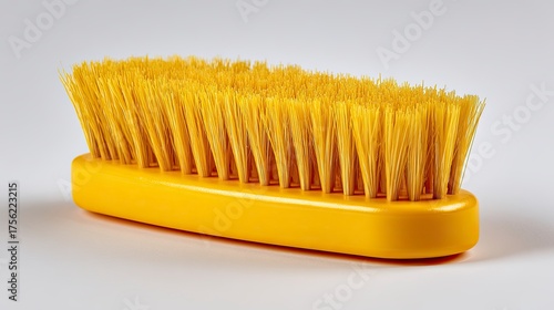 Yellow Cleaning Brush with Stiff Bristles on White Surface