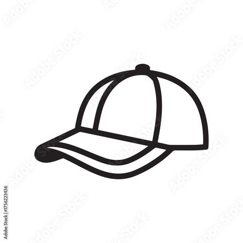 Simple Black Outline Baseball Cap Icon on White Background
