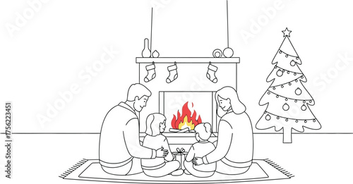 Family christmas fireplace stockings tree presents holiday winter celebration