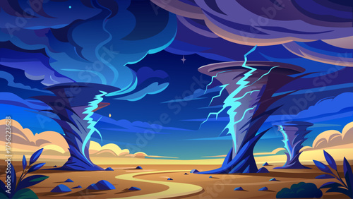 Twin tornadoes spinning across flat plains, lightning bolts in background, dark blue clouds twisting violently, dust and debris rising from the ground.
