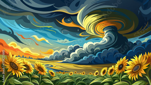 Tornado approaching sunflower fields, bright yellow flowers bending in heavy wind, deep contrast between dark clouds and vivid color of nature