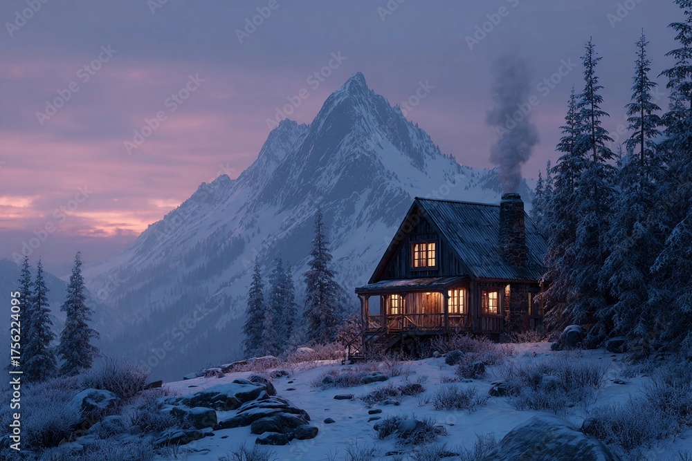 Fototapeta premium Cozy Cabin in the Snowy Mountains With Smoke Rising at Dusk Generative AI