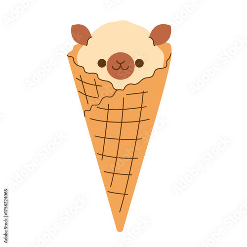 Flat hand drawn scoop of vanilla ice cream decorated with chocolate in the shape of sheep, lamb, alpaca in waffle cone. Isolated funny gelato on transparent background. Minimalistic vector EPS10