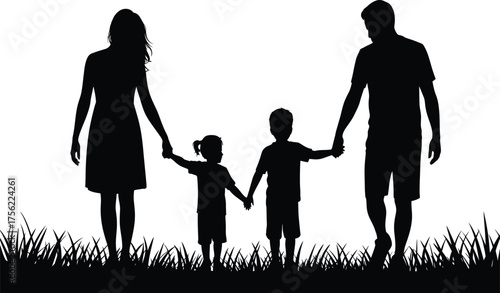 Silhouette of a loving family holding hands, walking together in unity, representing togetherness, love, and family values in a timeless design