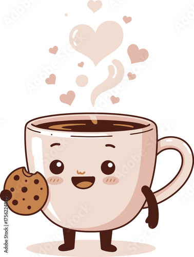 Kawaii Coffee Cup with a Cookie and Heart Steam on White Background Keywords: coffee cup, mug, hot drink, beverage, cookie, biscuit