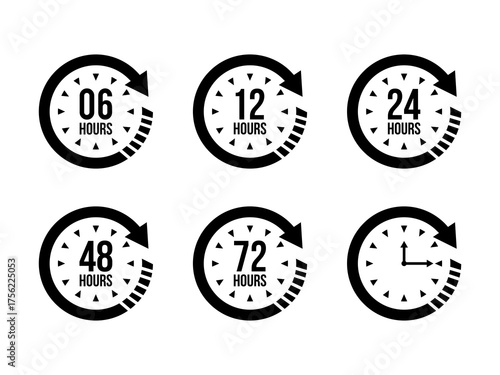 06, 12, 24, 48, 72 Hours Clock Arrow Vector Icon for Work, Delivery, and Service Time Symbol, Isolated on White Background