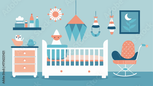 A coastalthemed nursery with a white crib and dresser accented with light blue and coral textiles and a nautical mobile.