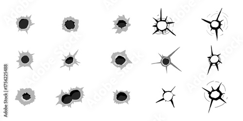 Bullet hole gun set shot weapon silhouette, impact impact marks gun, bullet hole gunshot. Damage from shoot.