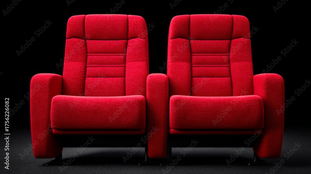 Obraz premium Bright red chairs fill the quiet theater, each one waiting for film enthusiasts to experience stories on the big screen, creating a sense of anticipation and comfort