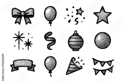 Chalk style celebration icons: balloons, banners, and party elements