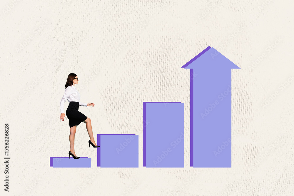 Fototapeta premium Trend full pop artwork 3d photo collage of happy businesswoman walk career ladder arrow promotion chance aim achievement success