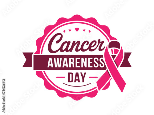 Cancer Awareness Day Emblem with Pink Ribbon and Scalloped Circle Border Supporting Health Initiatives and Early Detection