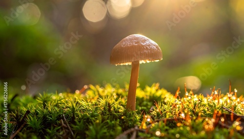 Sunlight bathes a singular mushroom nestled in vibrant, wet, green moss, creating a serene, naturalistic scene