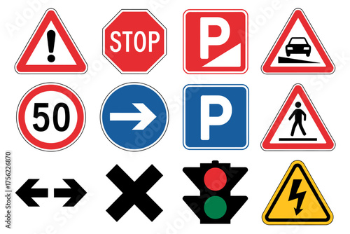 Collection of European Traffic Signs on White Background for Driver Education and Road Safety Awareness Campaigns