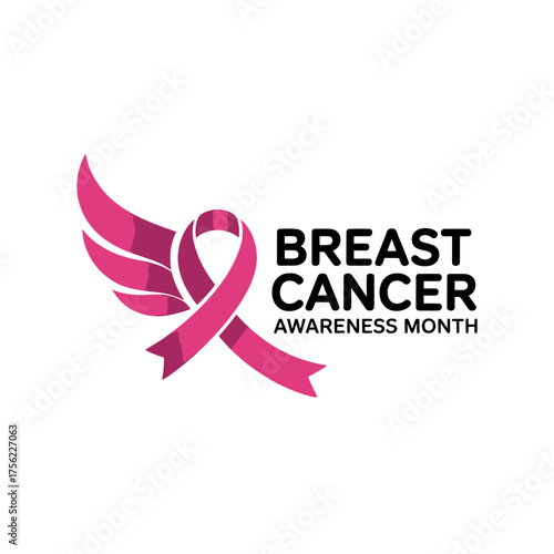 Breast Cancer Awareness Month Image with Pink Ribbon and Wings Symbolizing Hope and Support for Research and Prevention