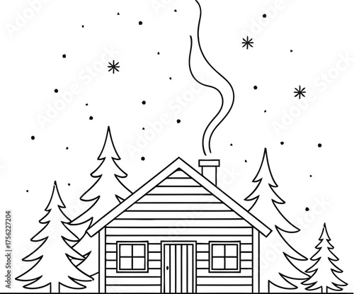 Cabin winter snow trees smoke chimney house forest woods lodge cozy rustic