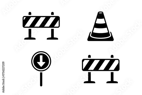 Black and White Road Construction Icon Set Minimalist Design Safety Concept Graphic Resource Vector Illustration Road Blockage Sign Pylon and Arrow Vector Elements