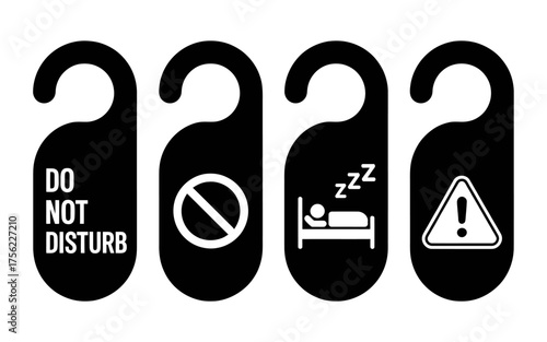 Hotel Door Hangers with Do Not Disturb Forbidden Sleep and Warning Icons on a White Background Minimalist Design