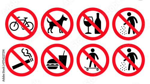 Prohibition Signs and Symbols Displaying Restricted Activities Including Cycling Drinking Littering Smoking Eating Skateboarding and Dogs Allowed Warning