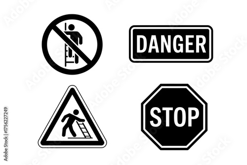 Safety Signs Collage Representing Danger Stop and Precautions Black and White Safety Signage Collection for Workplace Safety