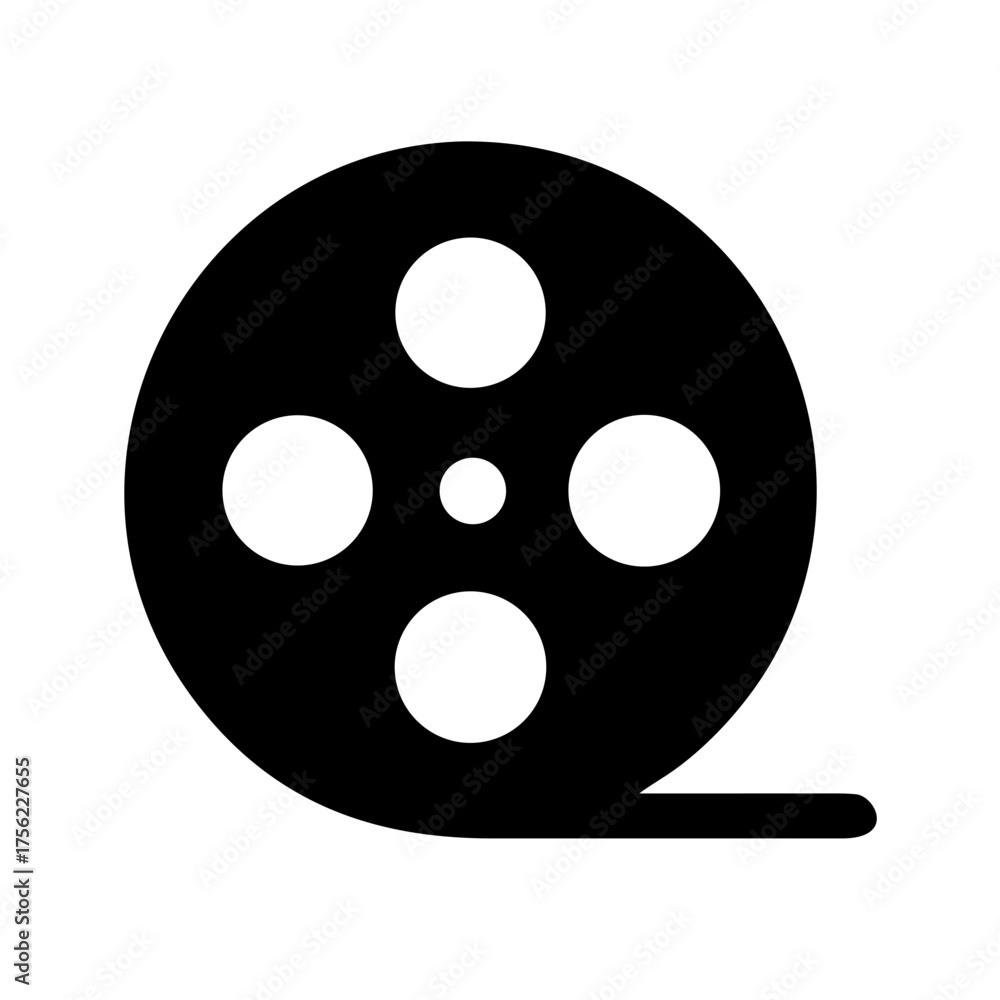 Fototapeta premium Minimalist black silhouette vector icon of a film reel, symbolizing cinema, movie production, filmmaking, and entertainment industry. Isolated on a transparent background