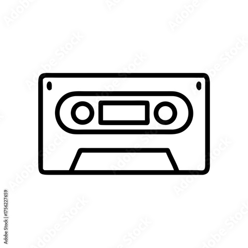 Minimalist black outline vector icon of a retro audio cassette tape, symbolizing vintage music, nostalgic entertainment, and old recording technology. Isolated on a transparent background