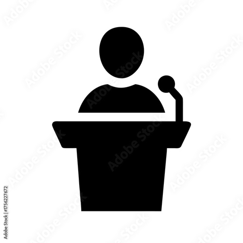 Vector icon of a person speaking into a microphone at a podium, symbolizing press conferences, political debates, government leadership, and public communication. Isolated on a transparent background