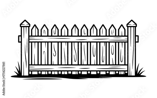 Wooden Picket Fence Illustration Simple Boundary Marker Outline Design for Garden or Home Security Conceptual Image in Black and White