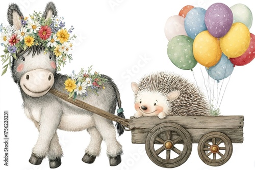 Playful donkey with flowers pulls cart carrying cheerful hedgehog and colorful balloons in a sunny field