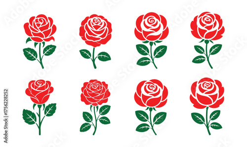 Rose Blossom Collection, Red and Green Botanical Vector Illustration