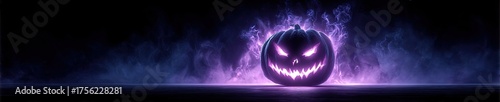 Scary Halloween Pumpkin with Glowing Purple Smoke and Spooky Face in Dark Ambiance