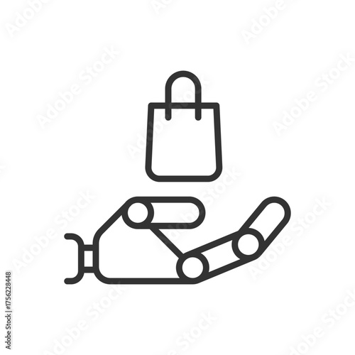 robot hand holding shopping bag clip art icon symbol, ai virtual shopping assistant for e-commerce, online shopping, add to cart, deep learning, isolated thin line vector illustration