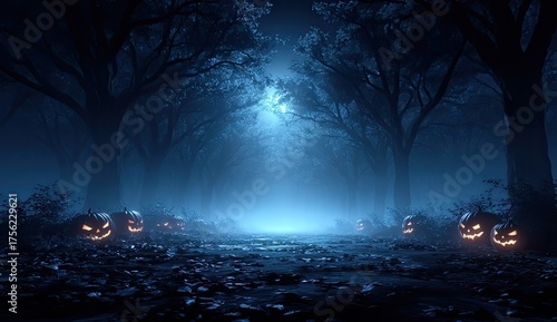 Spooky Halloween Pumpkins Glowing in a Dark Forest Path with Blue Fog and Mystical Light