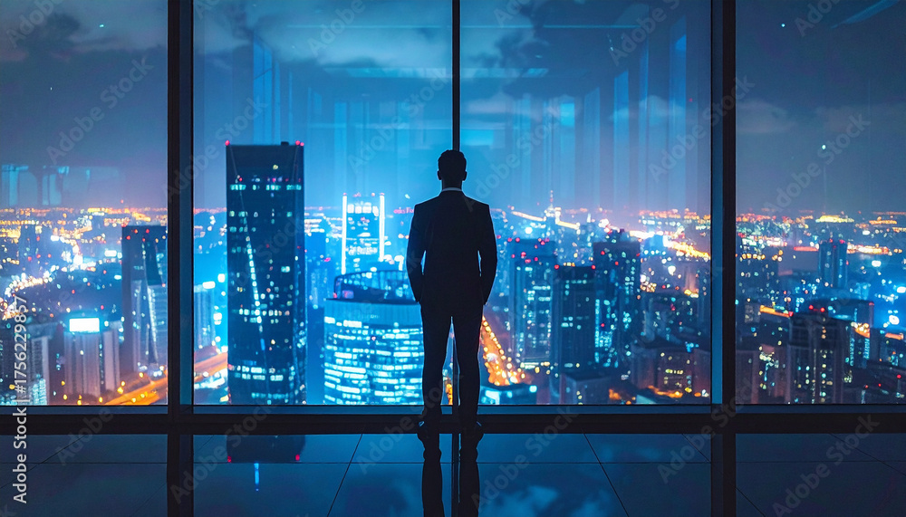 Obraz premium Visionary at Dusk: A silhouette of an executive stands before a panoramic window, gazing upon a sprawling cityscape illuminated at dusk, symbolizing leadership and foresight.