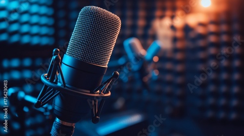 Professional studio microphone in recording environment.  