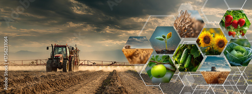 A farm scene with a tractor and a variety of plants including a yellow sunflower
